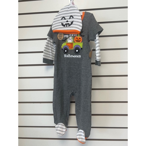 Baby's First Halloween Outfit Set Footed Pajamas Jumpsuit Hat Pumpkin Ghost 9m - Picture 1 of 2